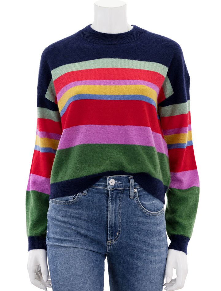 Front view of Velvet's kacey cashmere sweater in navy multi stripe.
