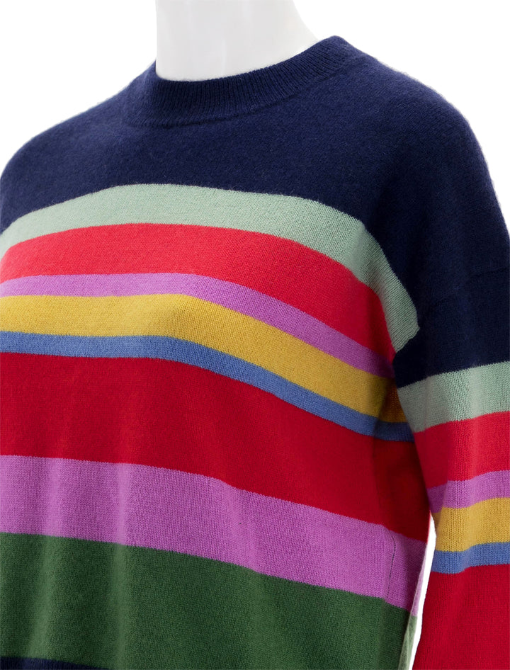 Close-up view of Velvet's kacey cashmere sweater in navy multi stripe.