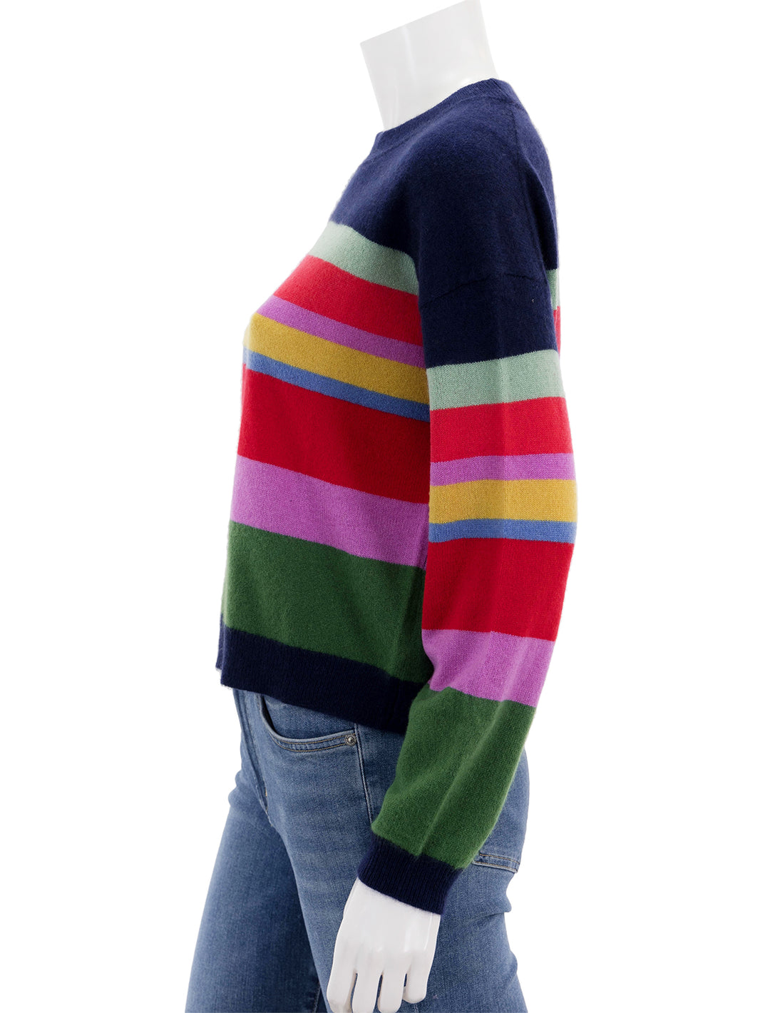 Side view of Velvet's kacey cashmere sweater in navy multi stripe.