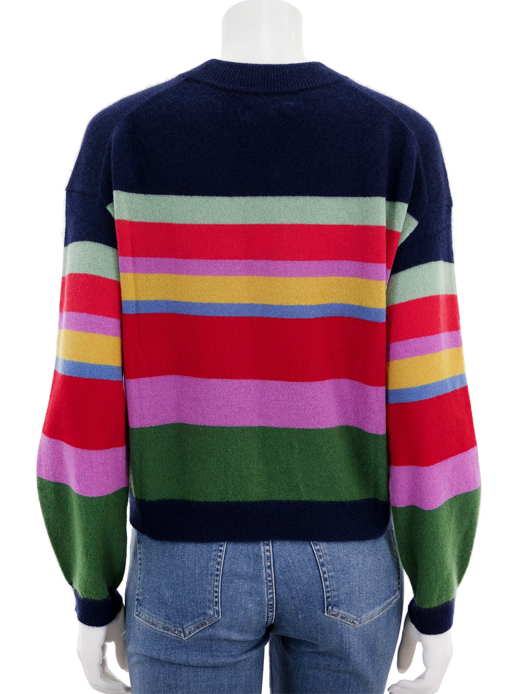 Back view of Velvet's kacey cashmere sweater in navy multi stripe.