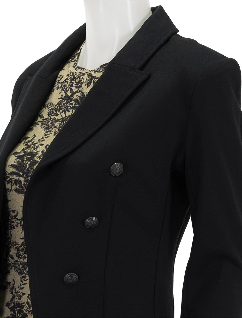 Close-up view of L'agence's wayne crop double breasted jacket in black.