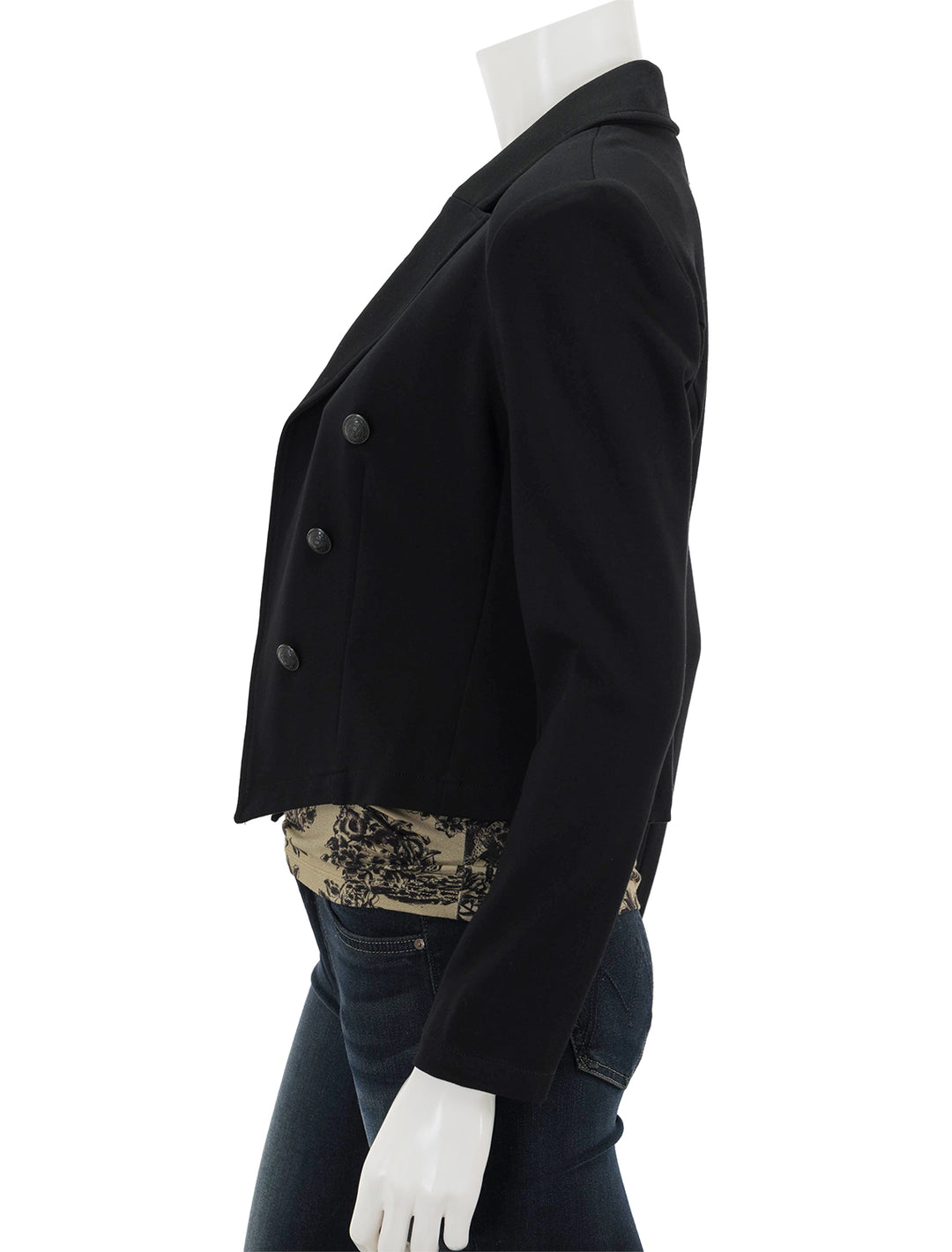 Side view of L'agence's wayne crop double breasted jacket in black.
