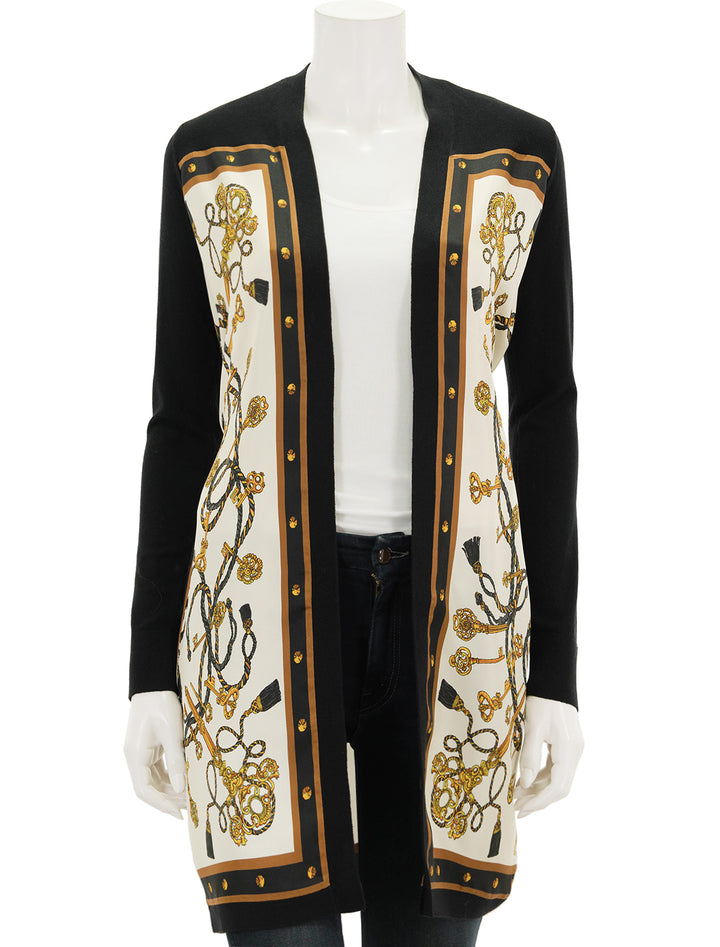 Front view of L'agence's beverly silk panel cardigan.