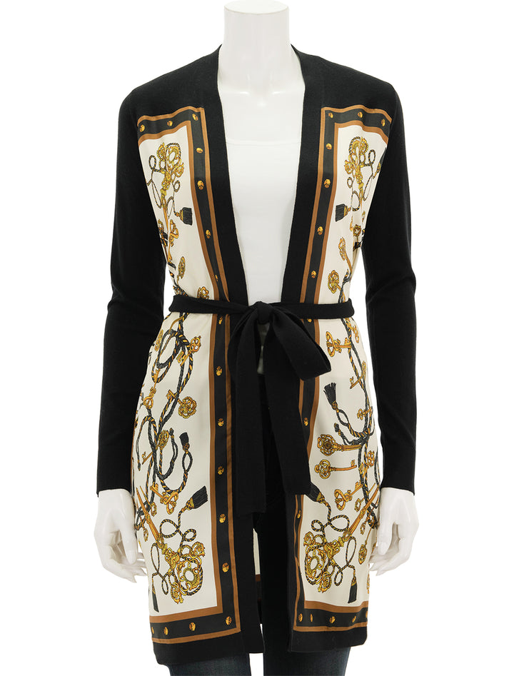 Front view of L'agence's beverly silk panel cardigan, tied.