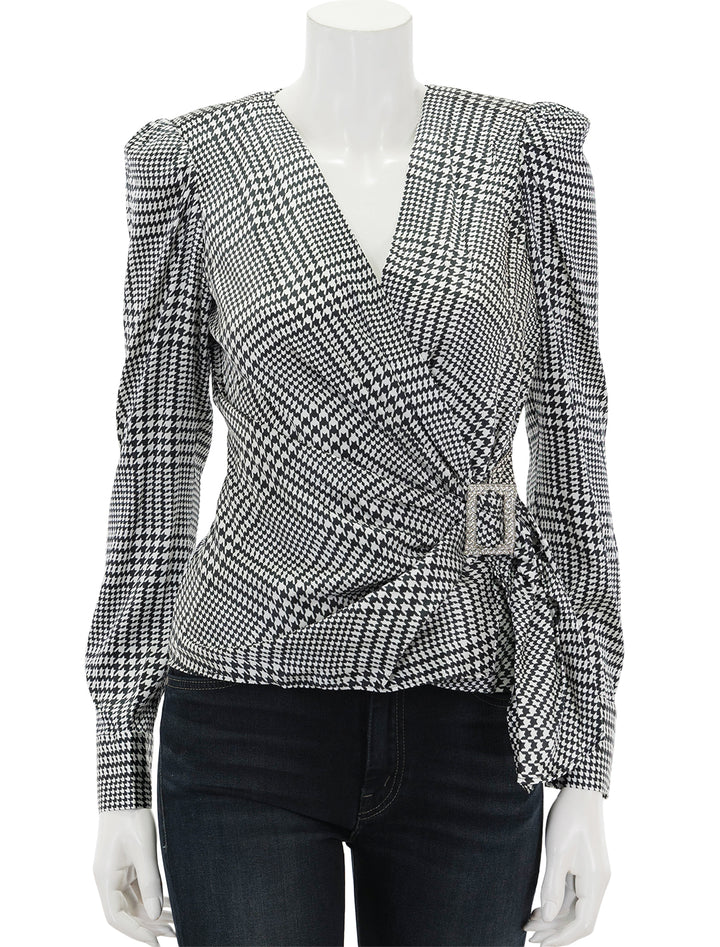Front view of L'agence's bensen wrap blouse in ivory and black plaid.