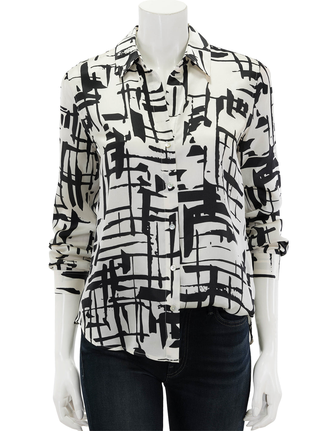 Front view of L'agence's tyler long sleeve blouse in ivory and black sketch.