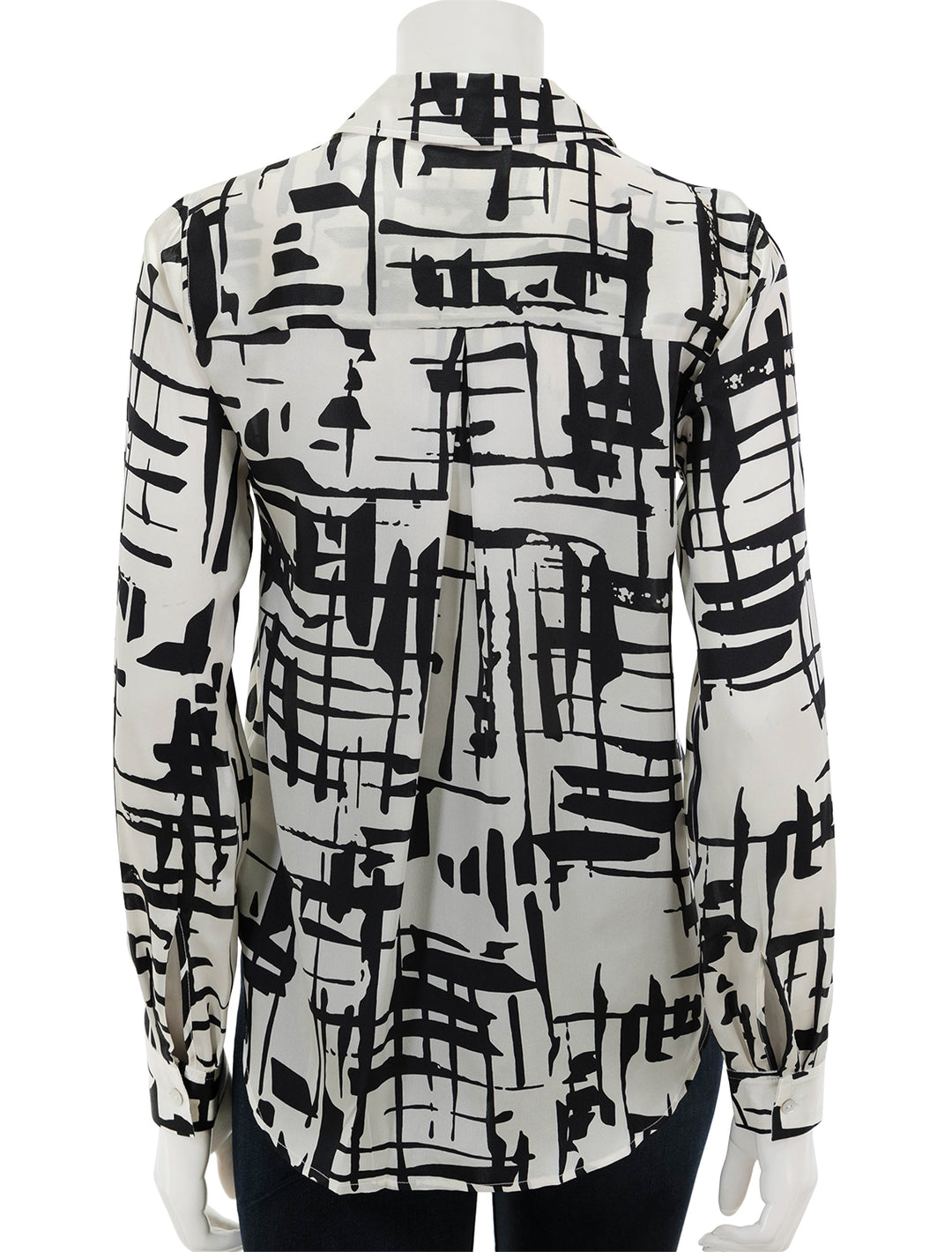 Back view of L'agence's tyler long sleeve blouse in ivory and black sketch.