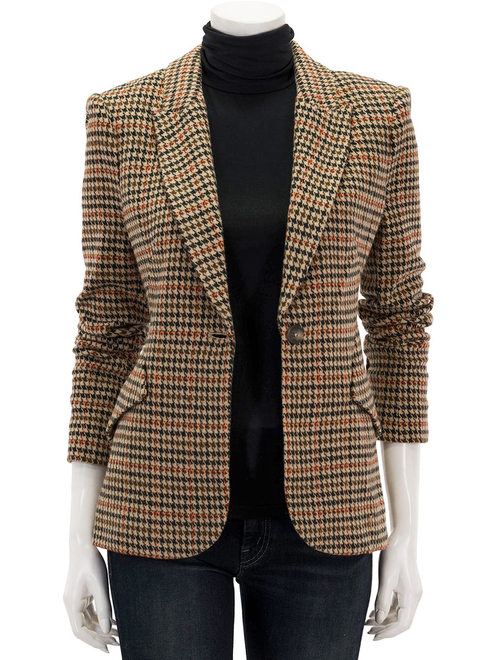 Front view of L'agence's chamberlain blazer in brown multi, unbuttoned.