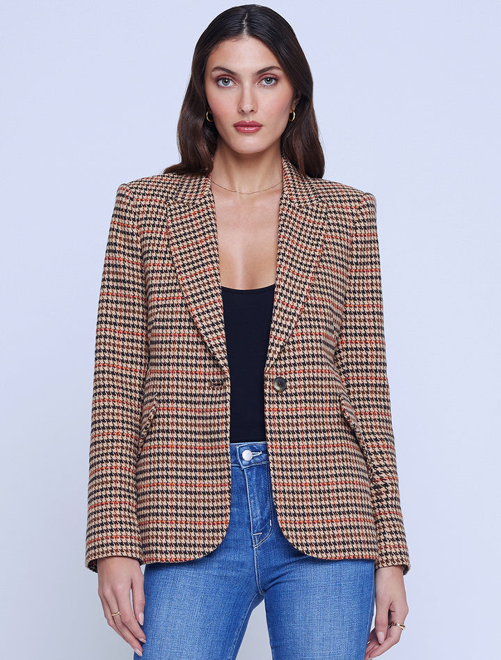 Model wearing L'agence's chamberlain blazer in brown multi.