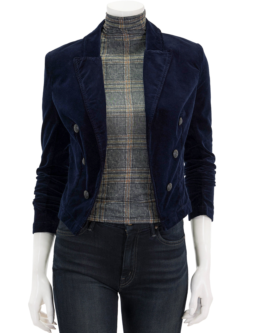 Front view of L'agence's wayne crop double breasted jacket in dark navy velvet.
