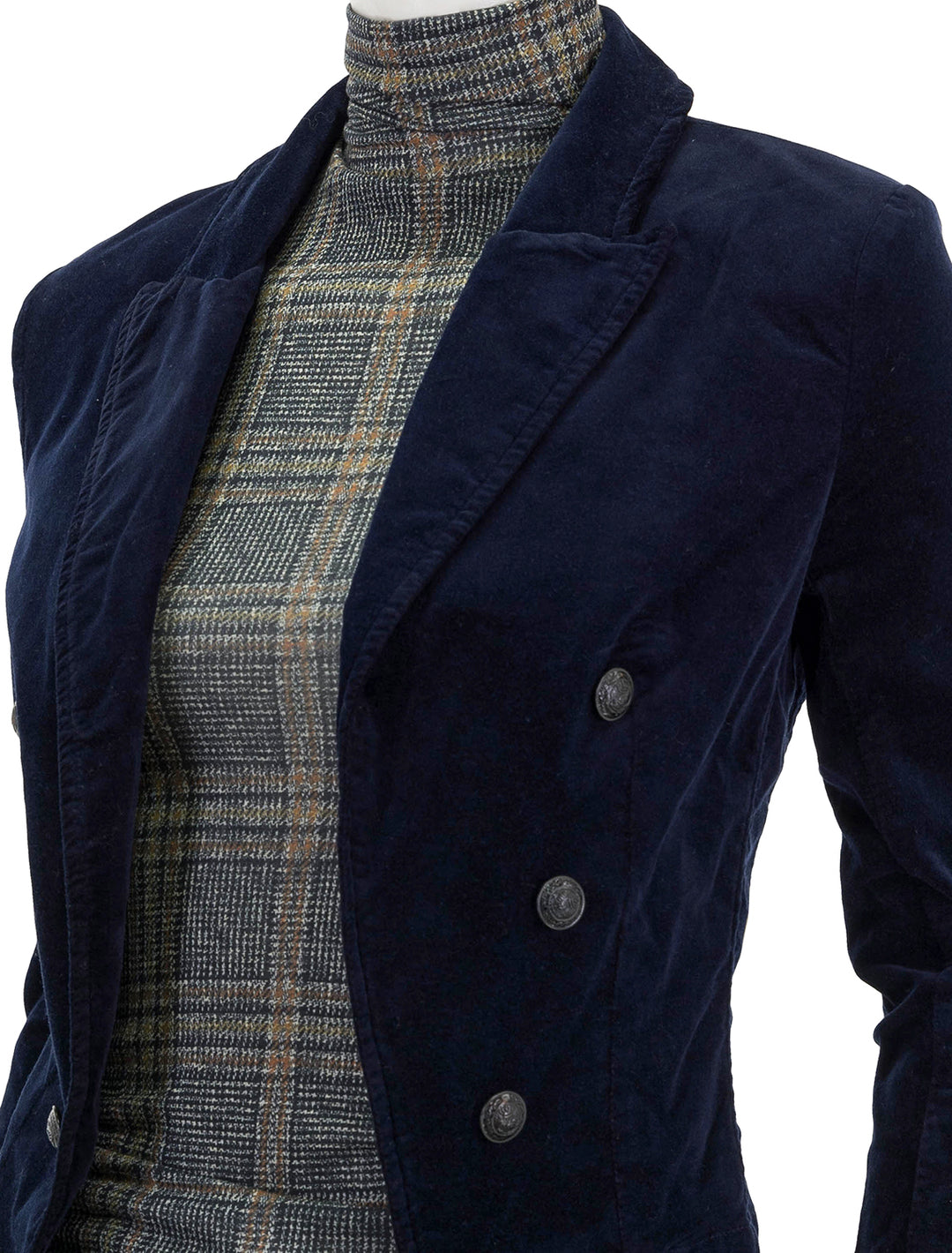 Close-up view of L'agence's wayne crop double breasted jacket in dark navy velvet.