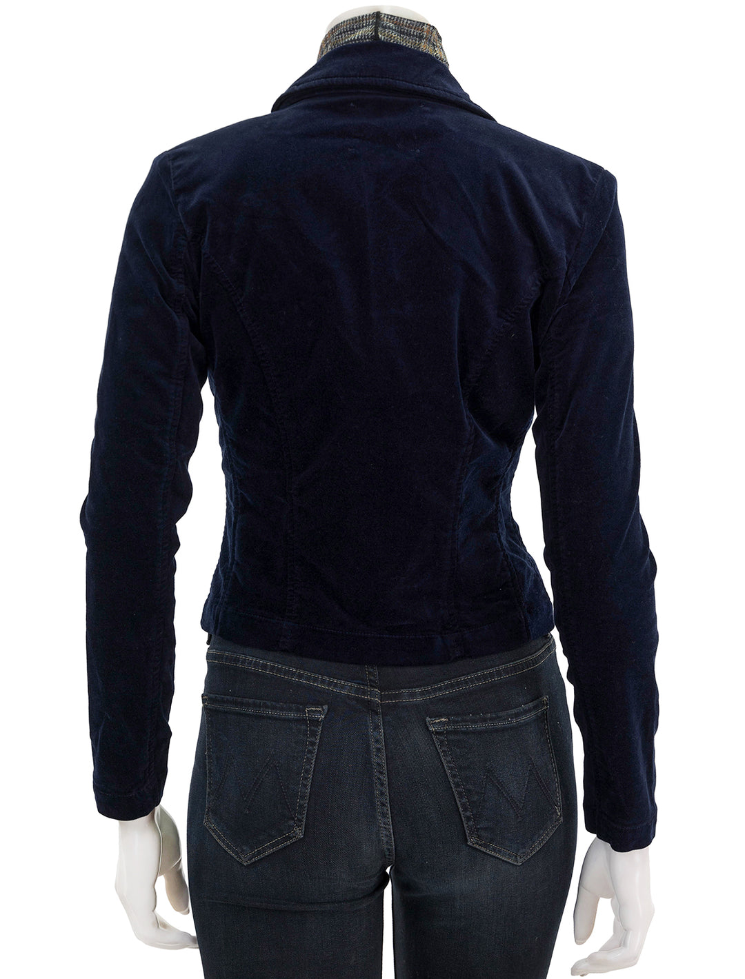 Back view of L'agence's wayne crop double breasted jacket in dark navy velvet.