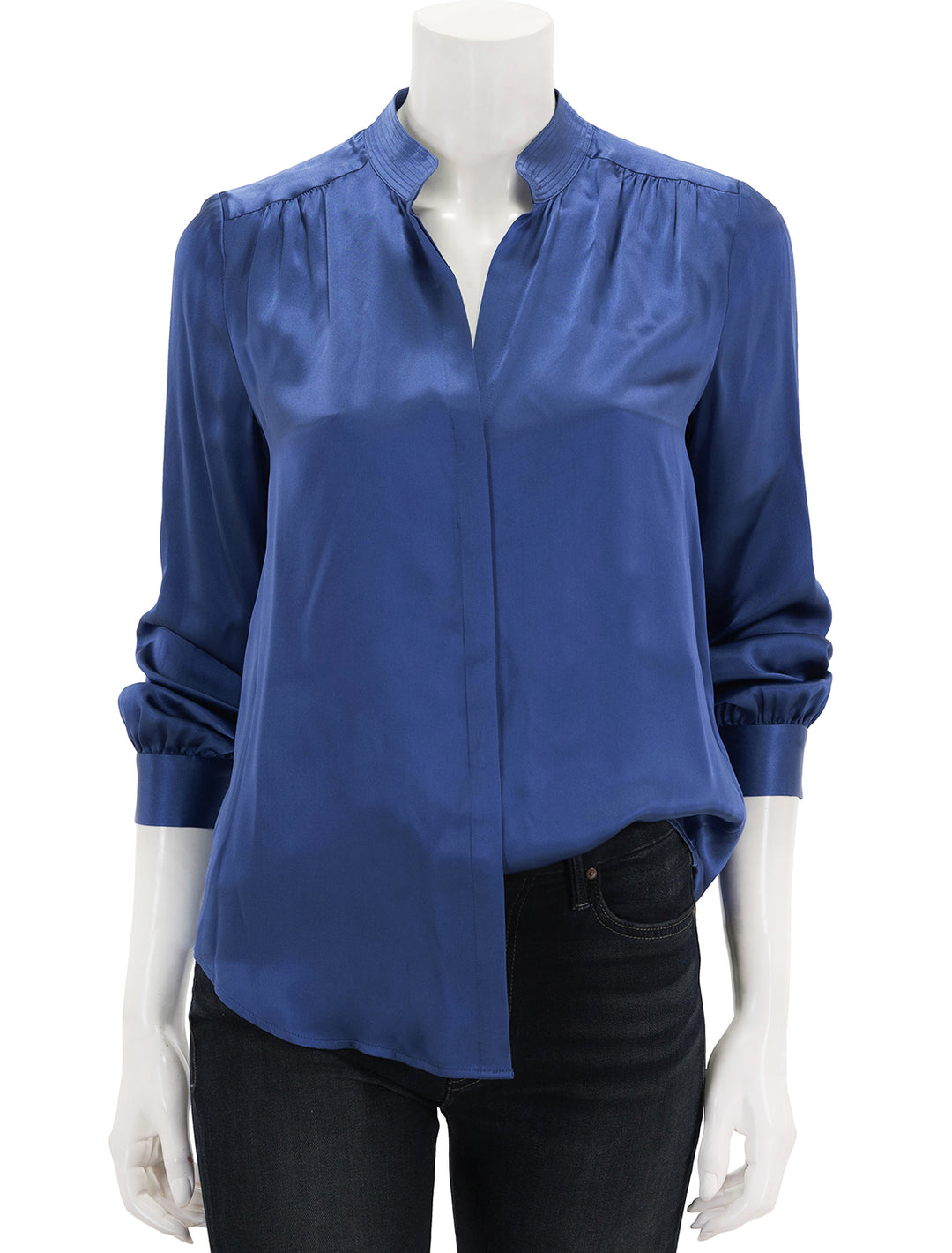 Front view of L'agence's bianca band collar blouse in nouvean navy.
