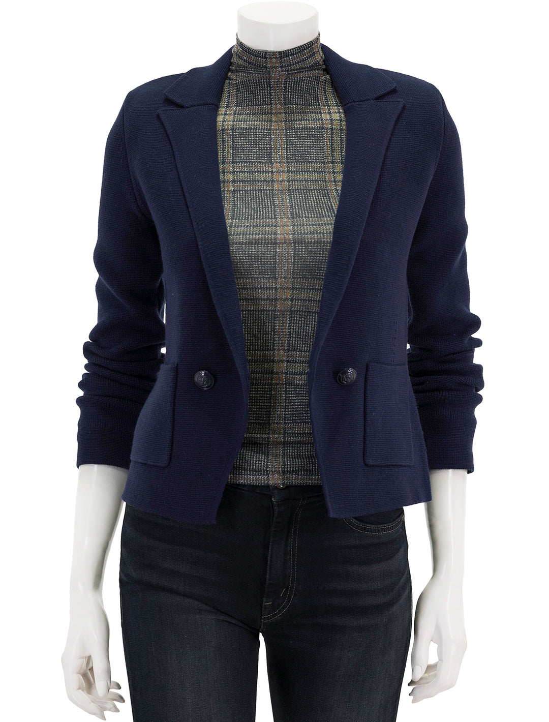 Front view of L'agence's sofia knit blazer in midnight.