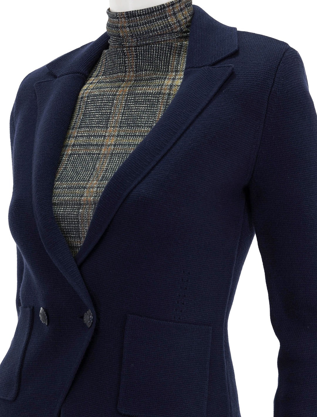 Close-up view of L'agence's sofia knit blazer in midnight.