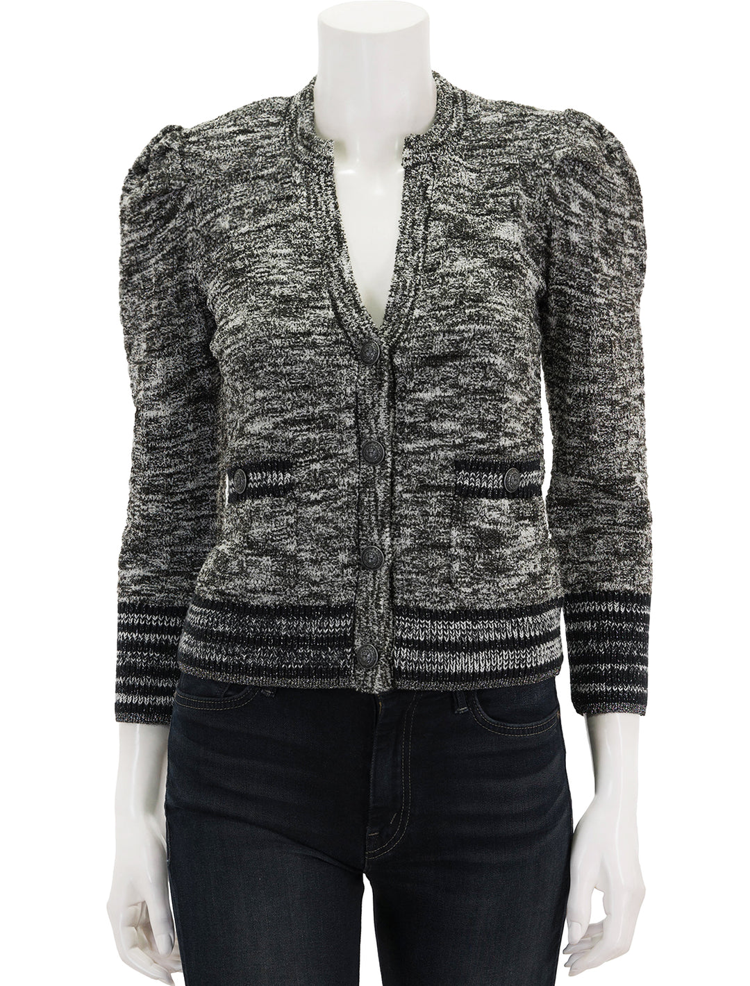Front view of L'agence's jenni waffle stitch cardi in black and white multi.