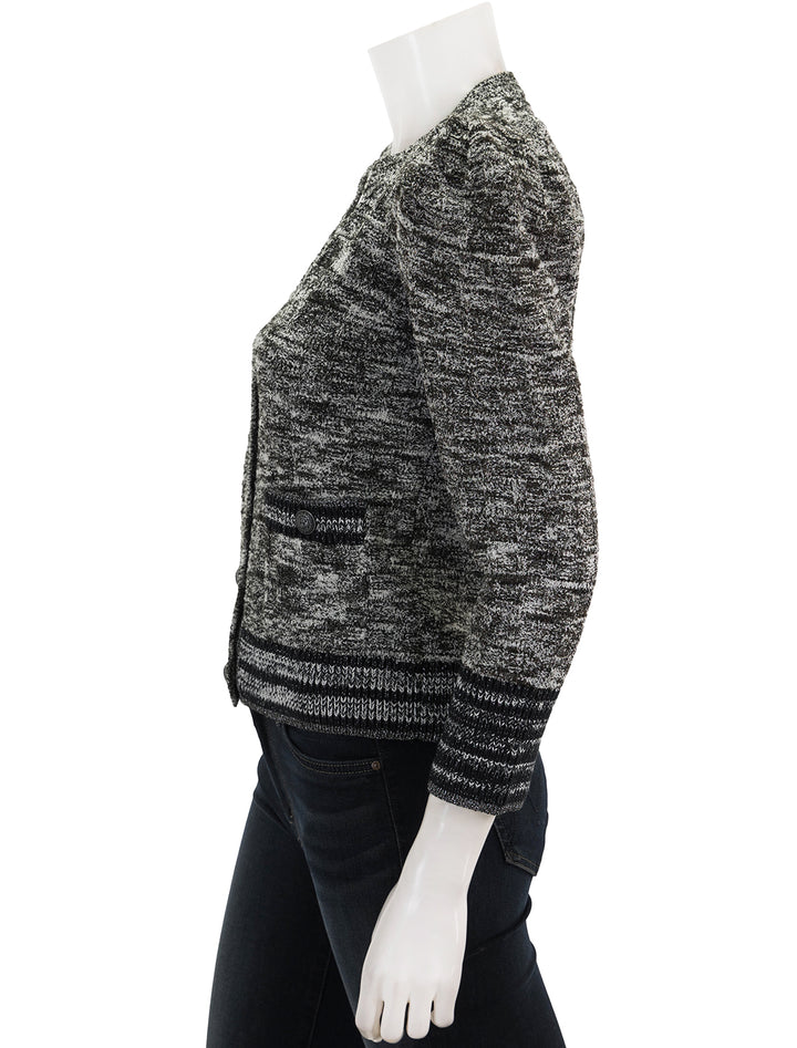 Side view of L'agence's jenni waffle stitch cardi in black and white multi.
