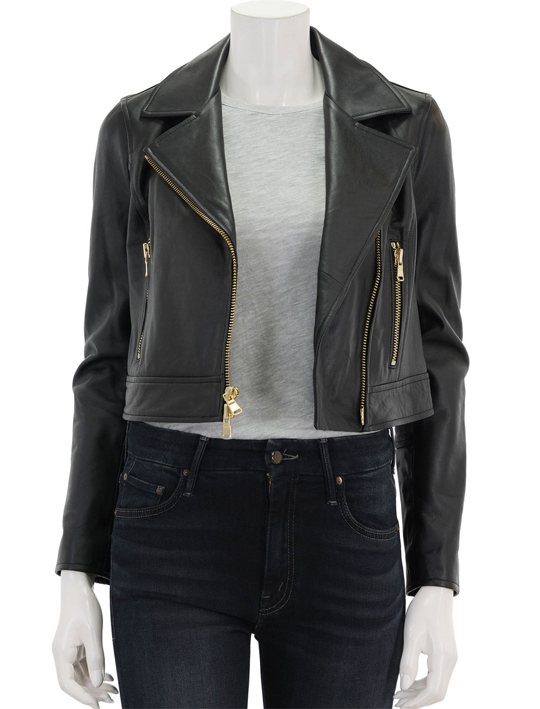 Front view of L'agence's onna cropped biker jacket in black, unzipped.