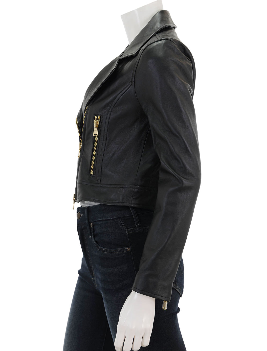 Side view of L'agence's onna cropped biker jacket in black.