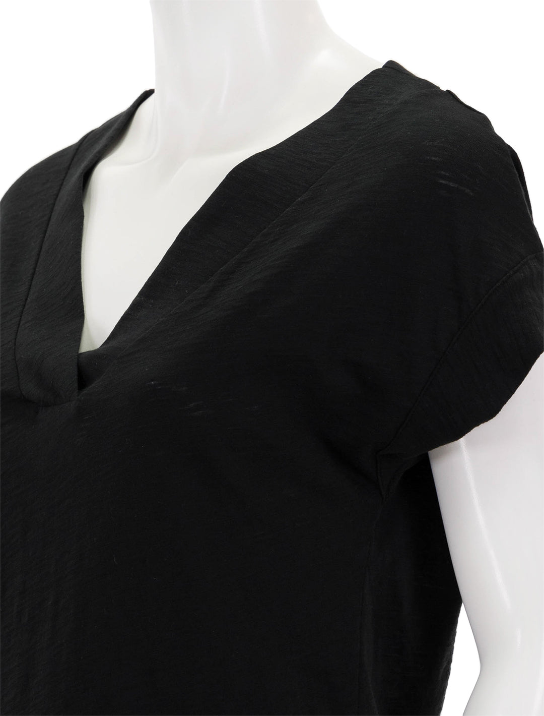 Close-up view of Goldie Lewinter's mariana basic v neck in black.