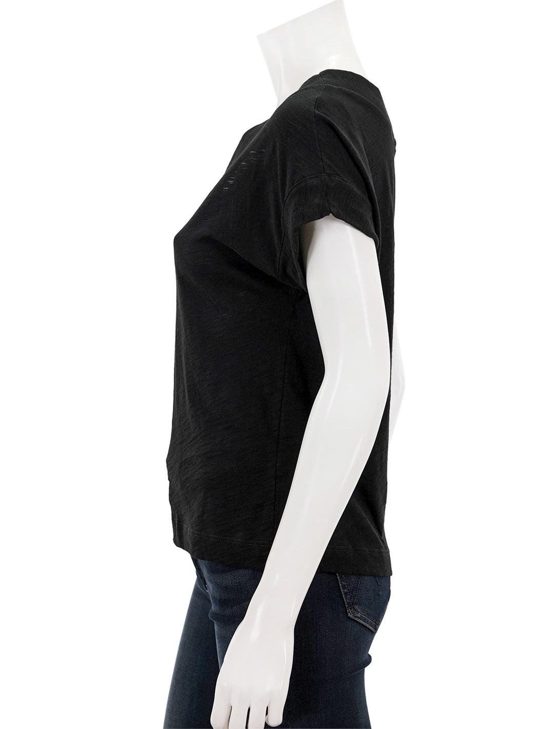 Side view of Goldie Lewinter's mariana basic v neck in black.