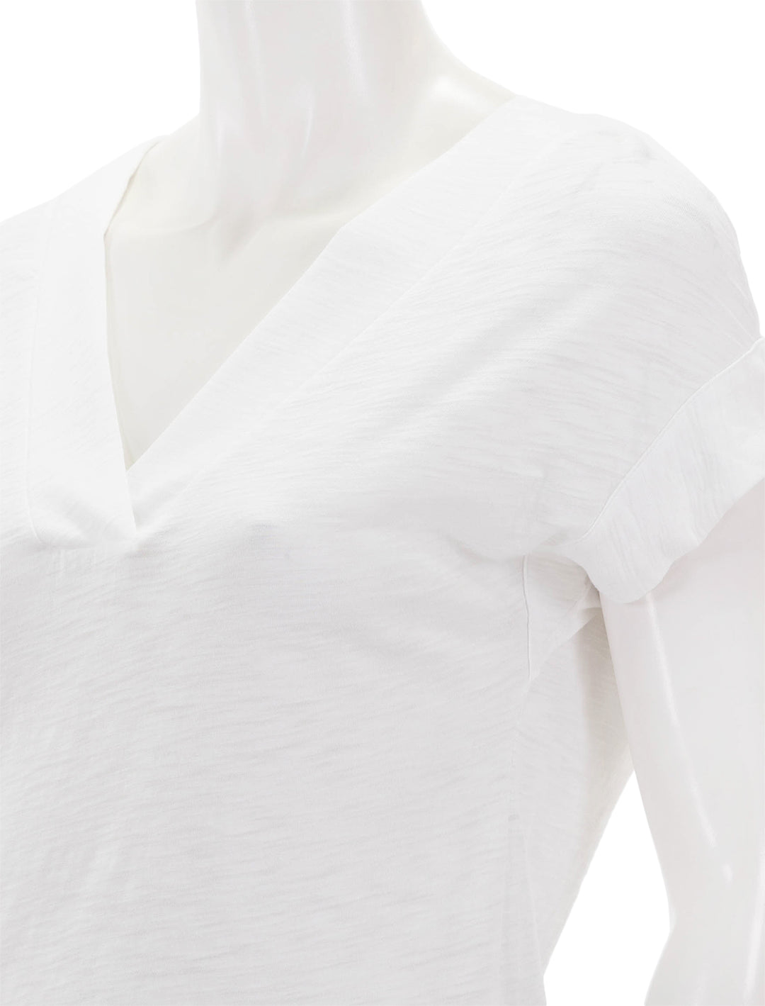 Close-up view of Goldie Lewinter's mariana basic v neck in white.