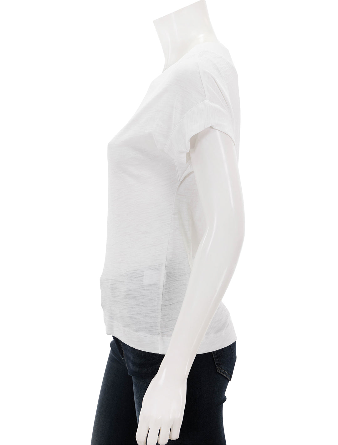 Side view of Goldie Lewinter's mariana basic v neck in white.