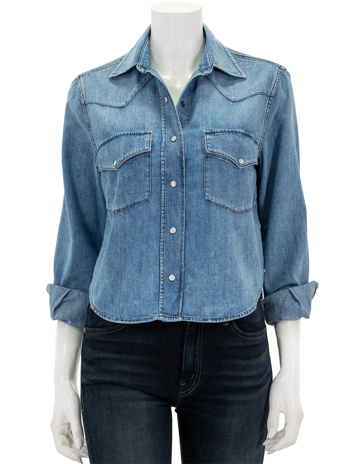 Front view of Citizens of Humanity's cropped western shirt in carolina blue.