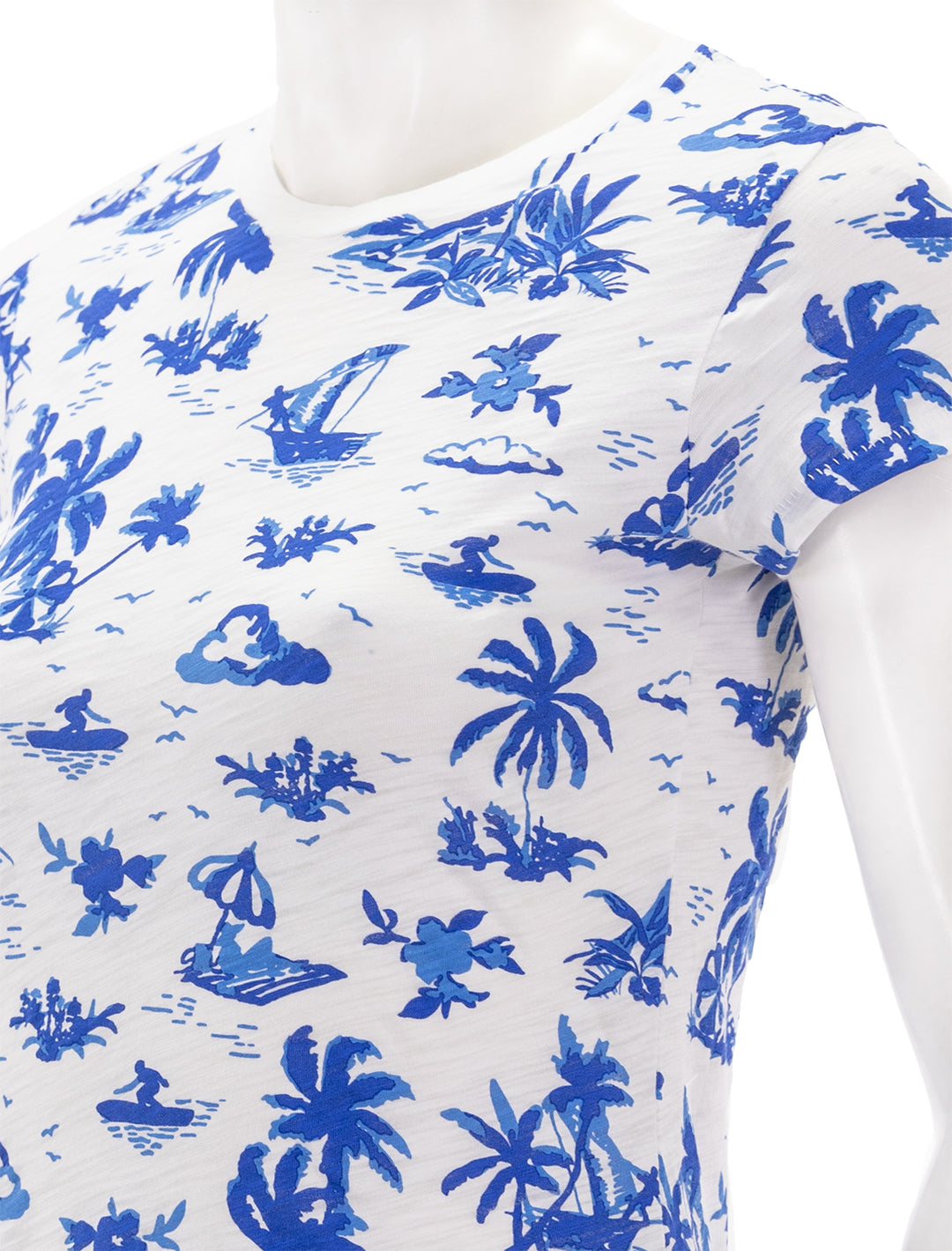 Close-up view of Goldie Lewinter's hawaiian ringer tee in marina.