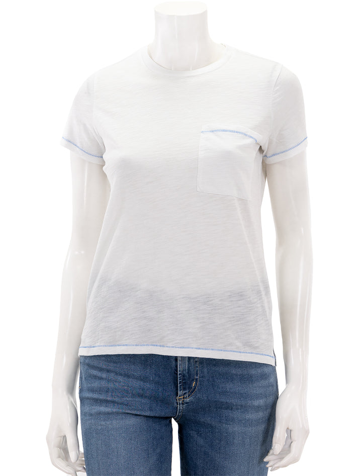 Front view of Goldie Lewinter's contrast stitch pocket boy tee.