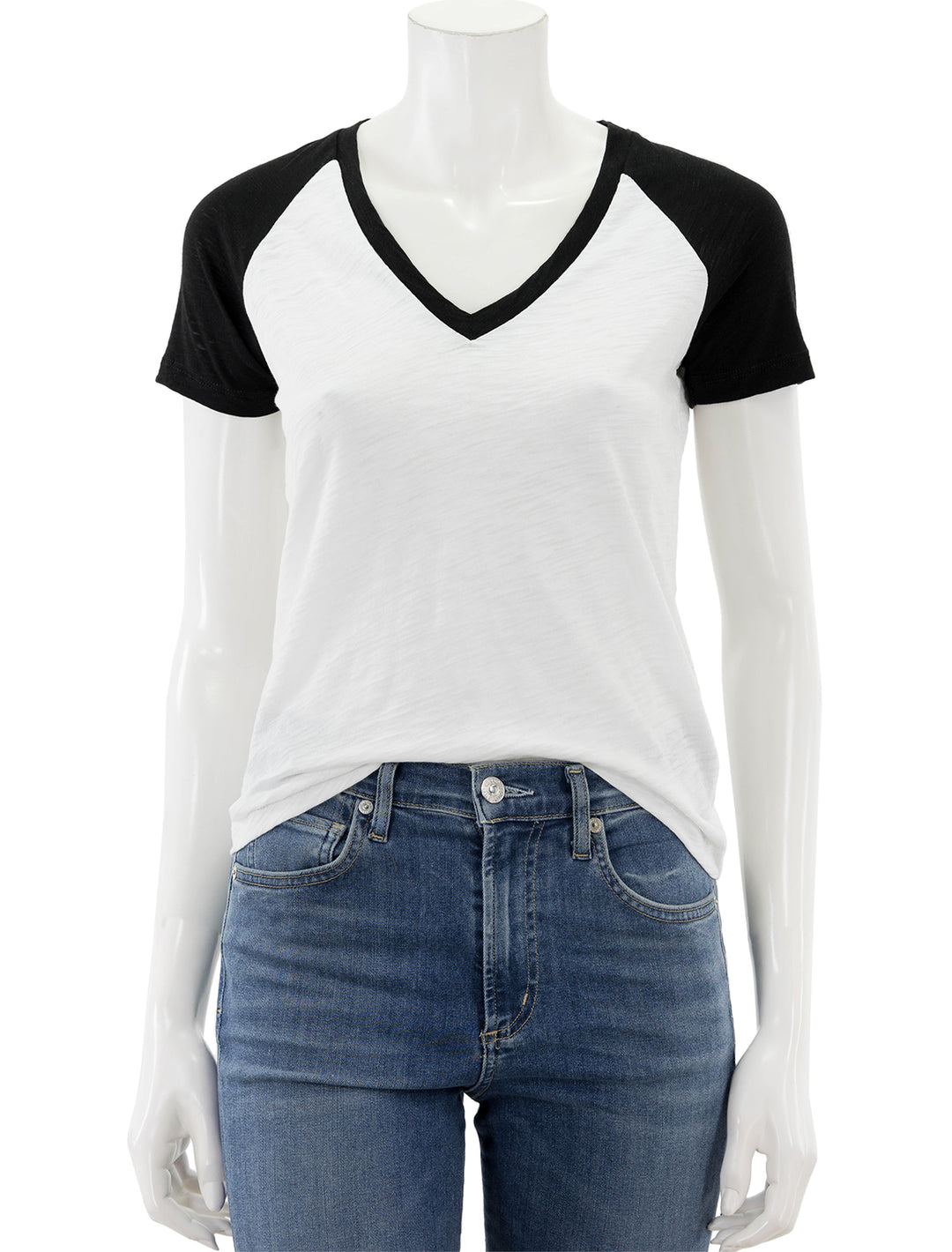 Front view of Goldie Lewinter's short sleeved baseball tee in black.