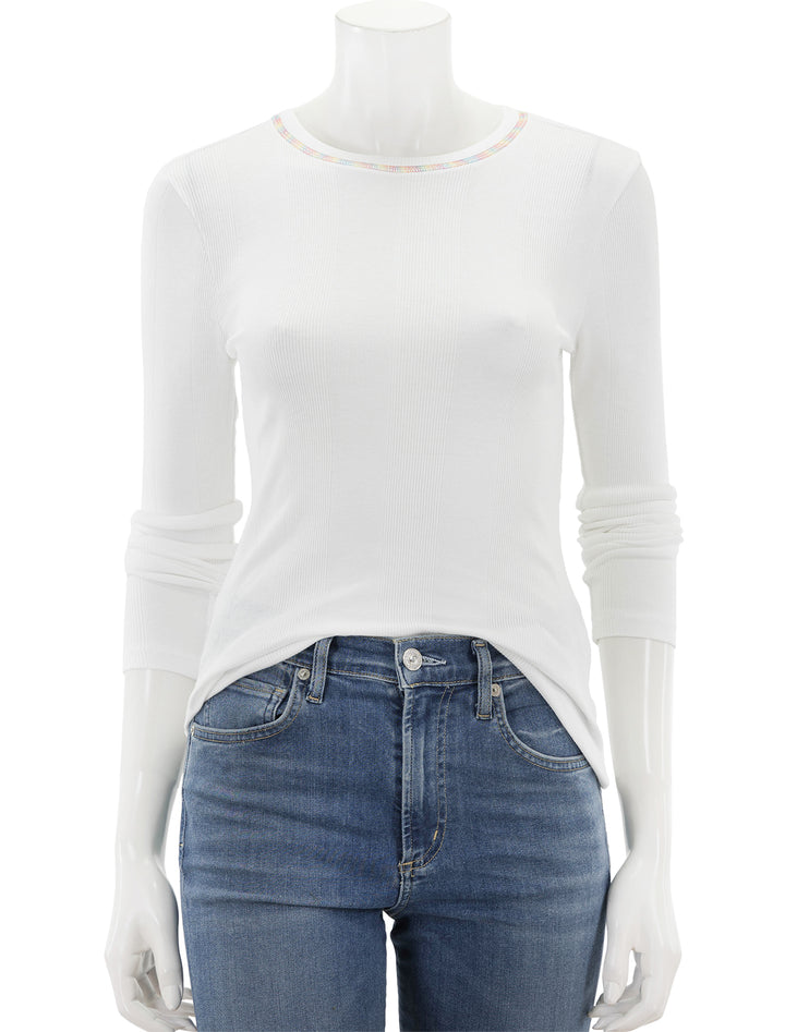 Front view of Goldie Lewinter's rainbow stitch long sleeve cotton rib tee in white.