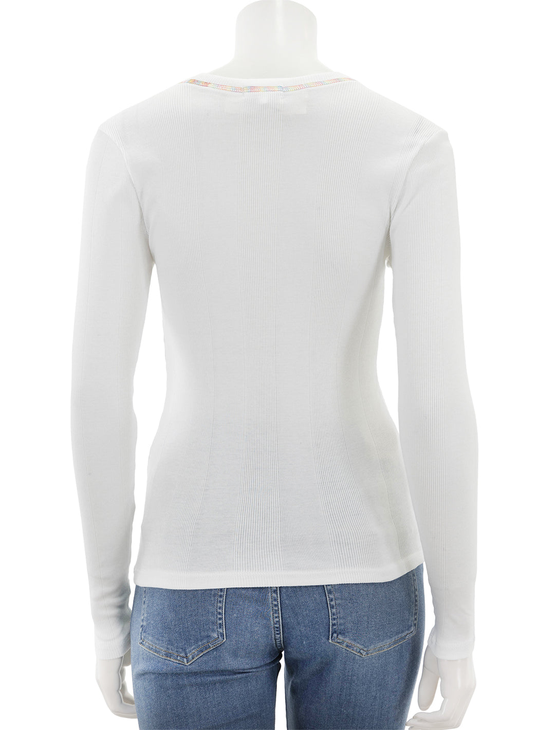 Back view of Goldie Lewinter's rainbow stitch long sleeve cotton rib tee in white.