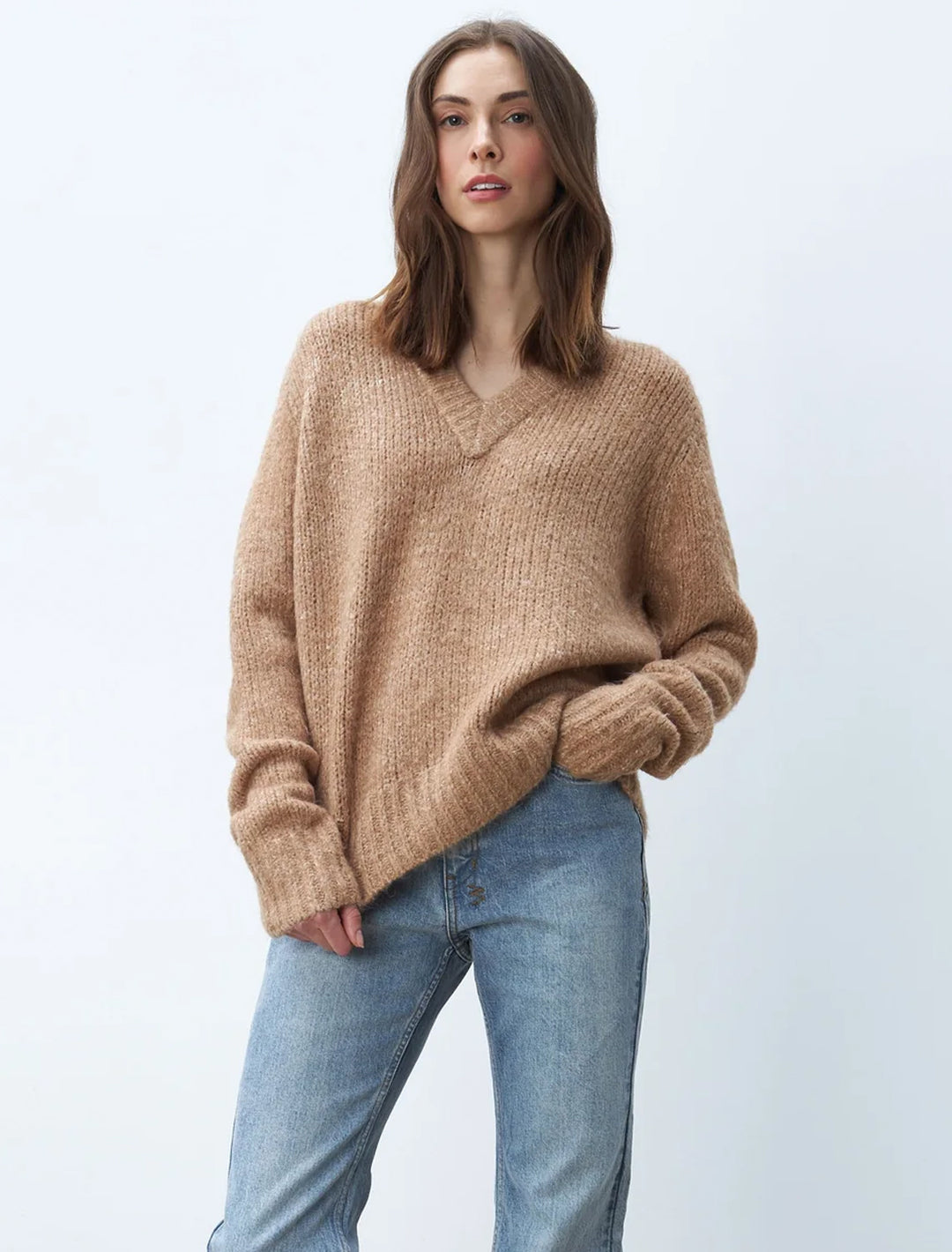 Model wearing Line's Helena Sweater in Toffee.