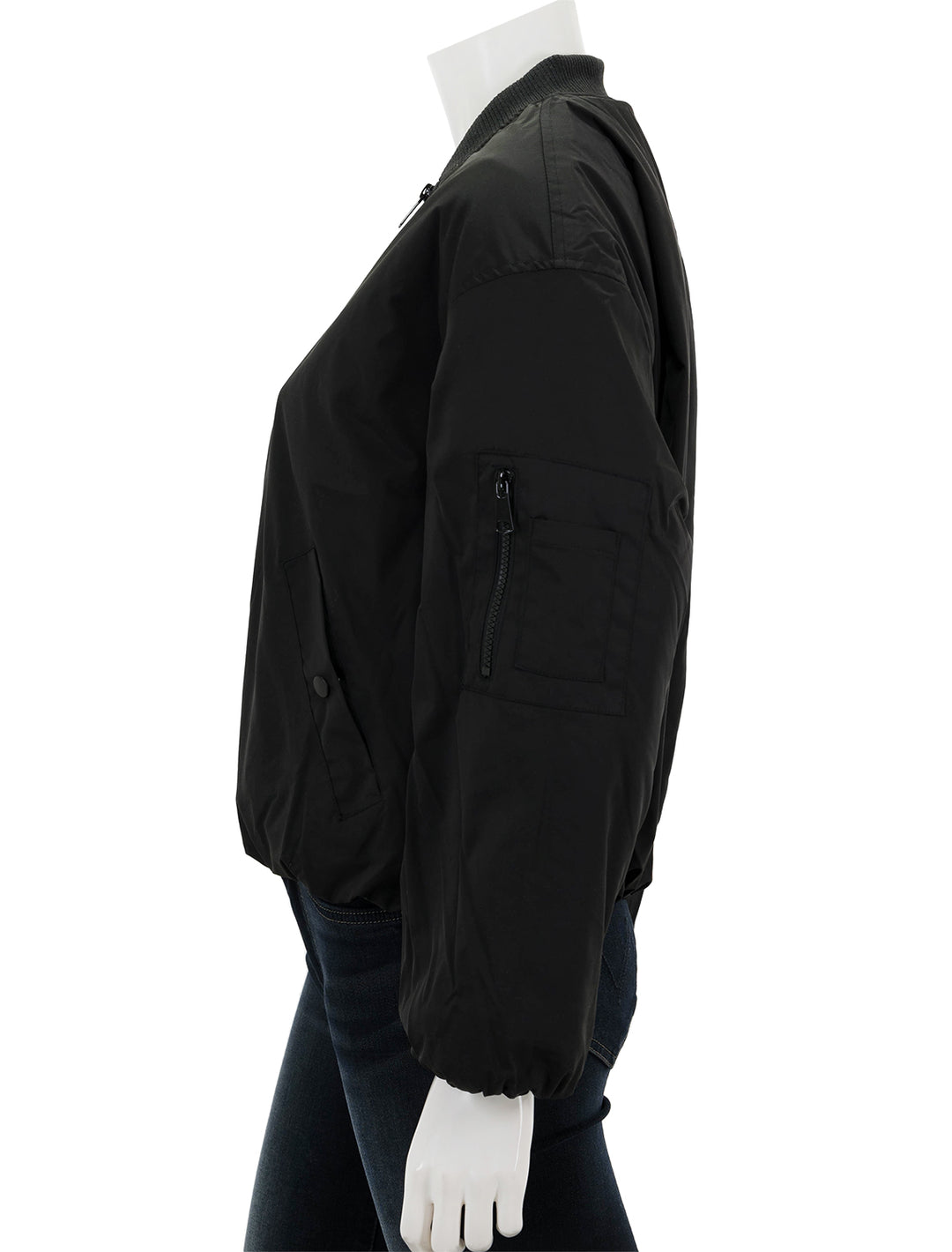 Side view of Steve Madden's vida jacket in black.