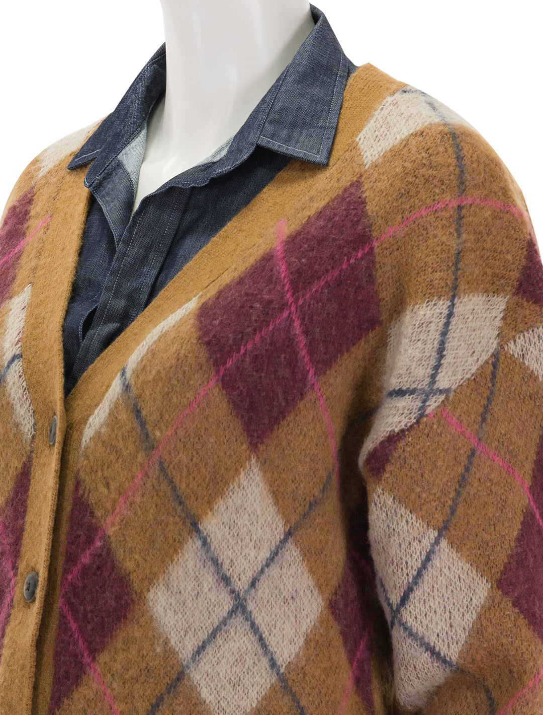 Close-up view of Steve Madden's lexie cardigan in tan argyle.