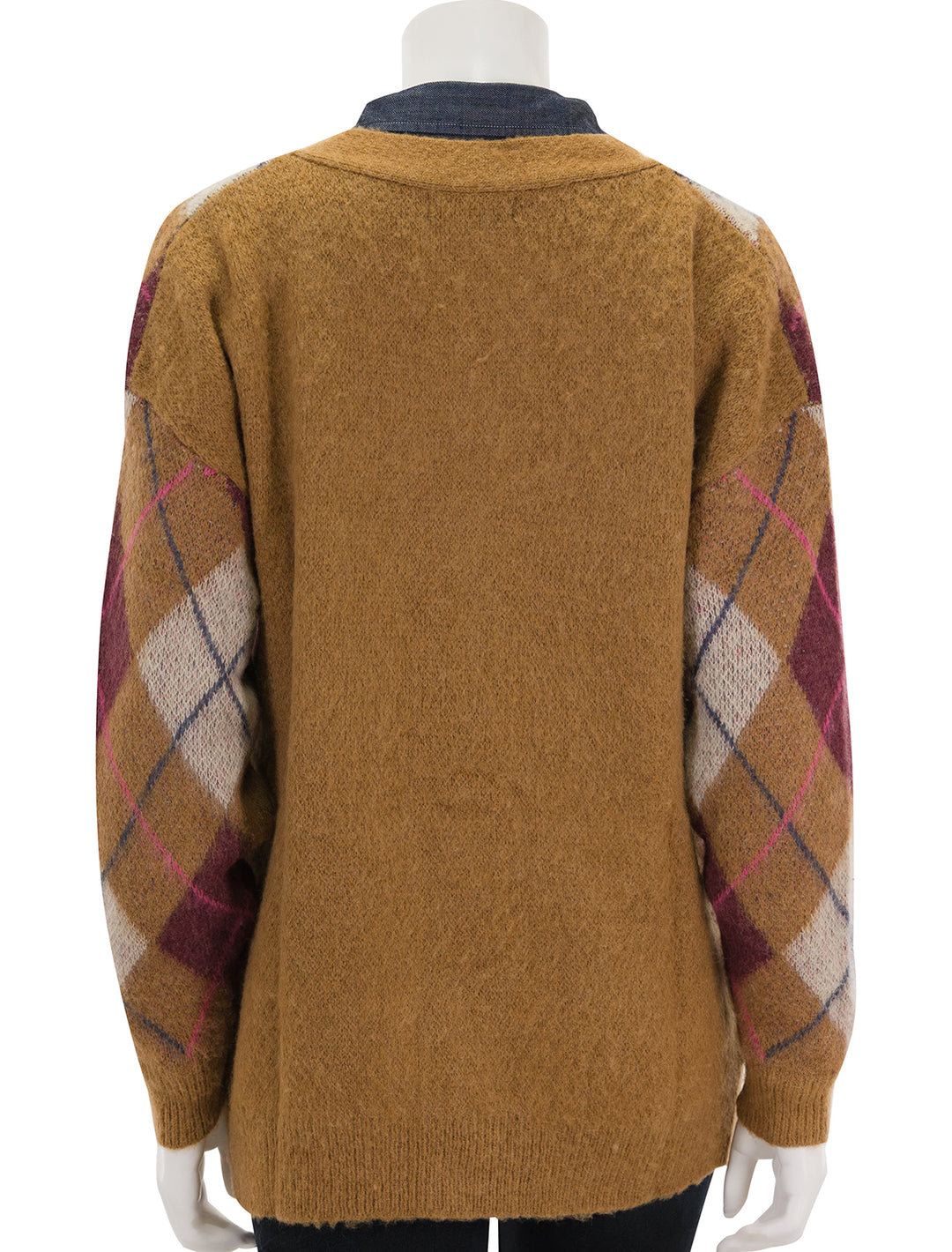 Back view of Steve Madden's lexie cardigan in tan argyle.
