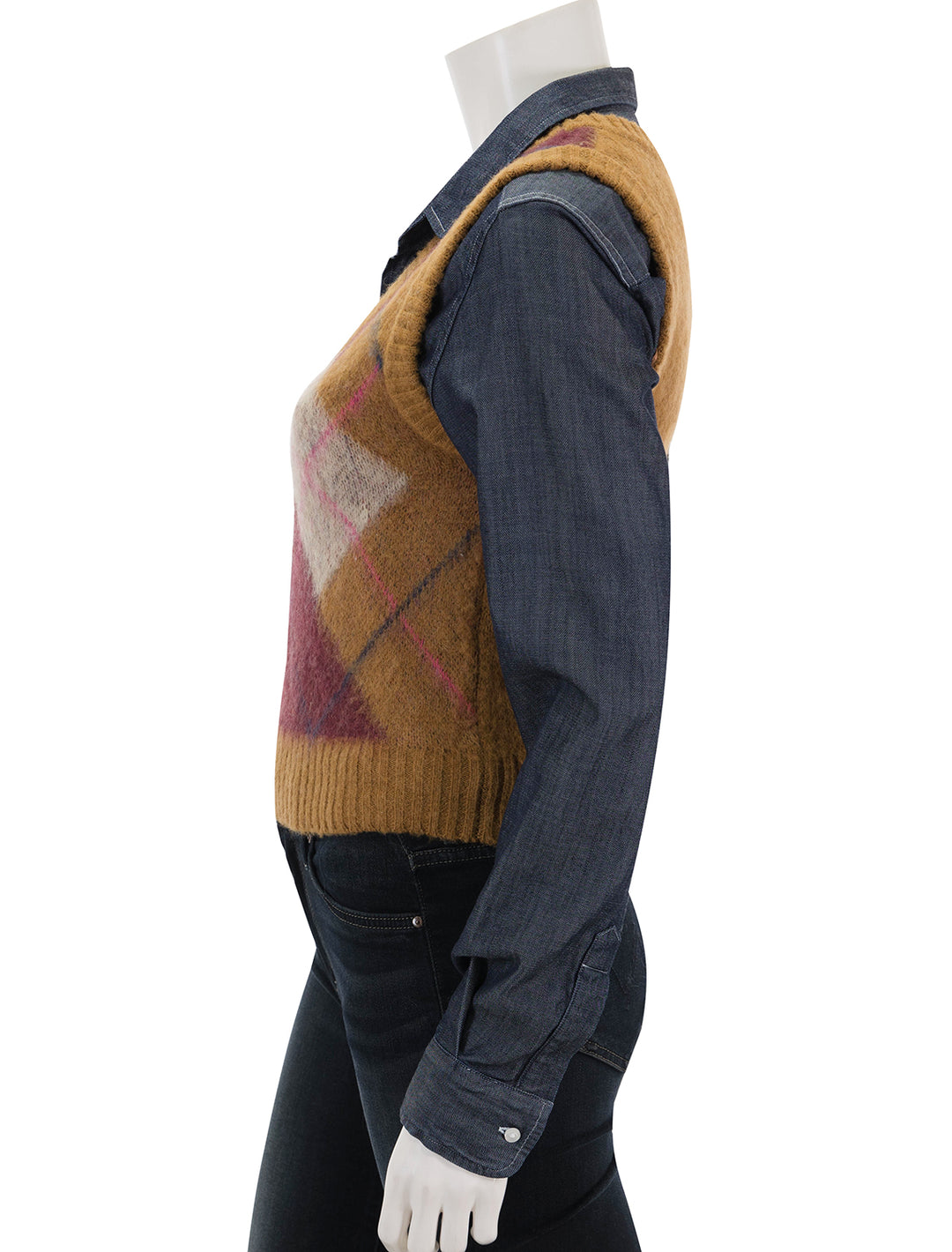 Side view of Steve Madden's ella sweater vest in tan argyle.