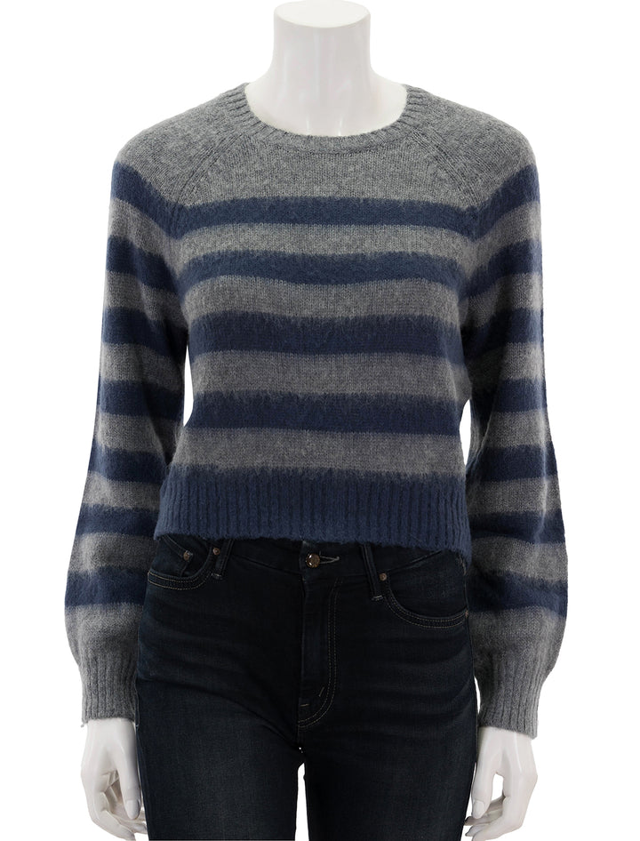 Front view of Steve Madden's lyon sweater in grey and navy stripe.