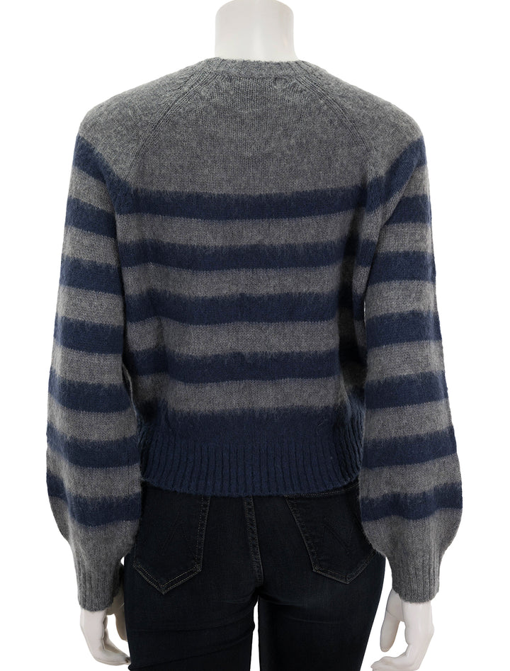 Back view of Steve Madden's lyon sweater in grey and navy stripe.
