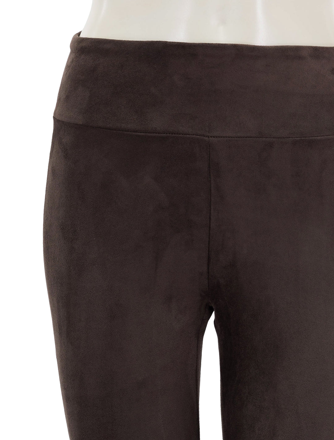 Close-up view of Splendid's vegan suede leggings in chocolate.