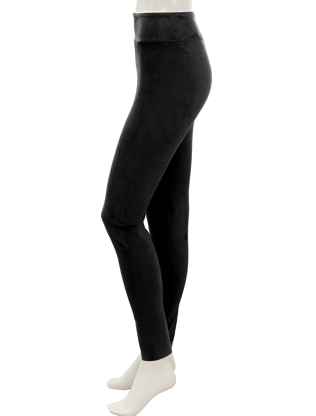 Side view of Splendid's vegan suede leggings in black.