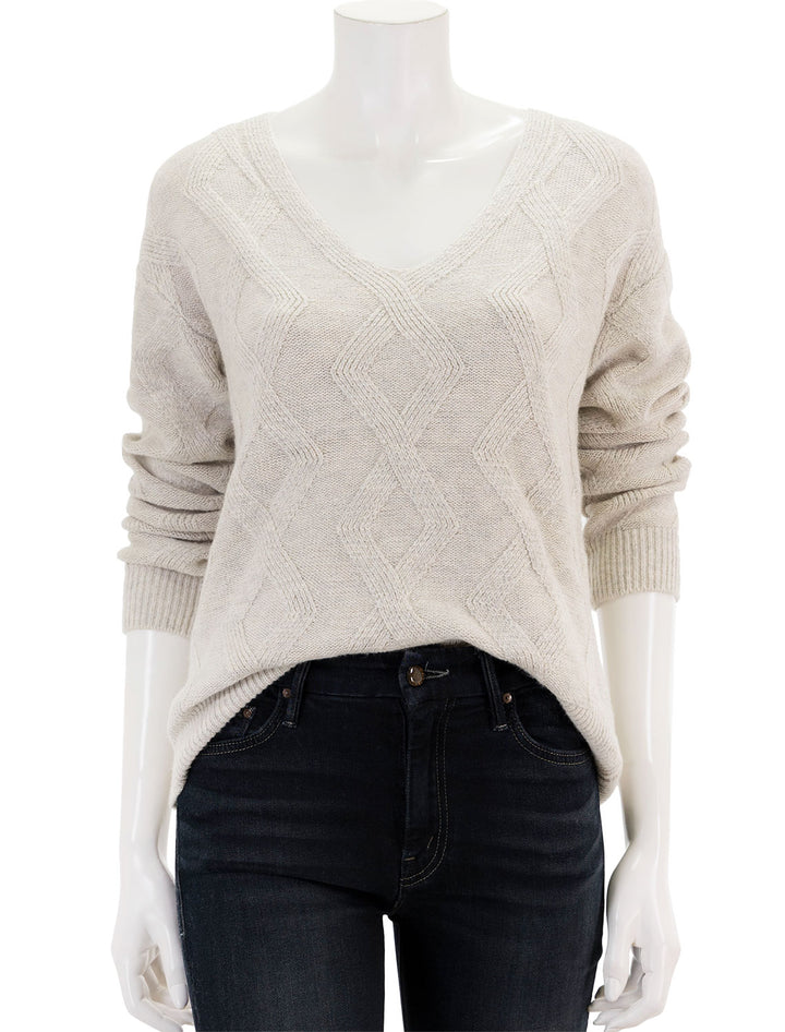 Front view of Splendid's diamond cable vneck sweater in oat heather