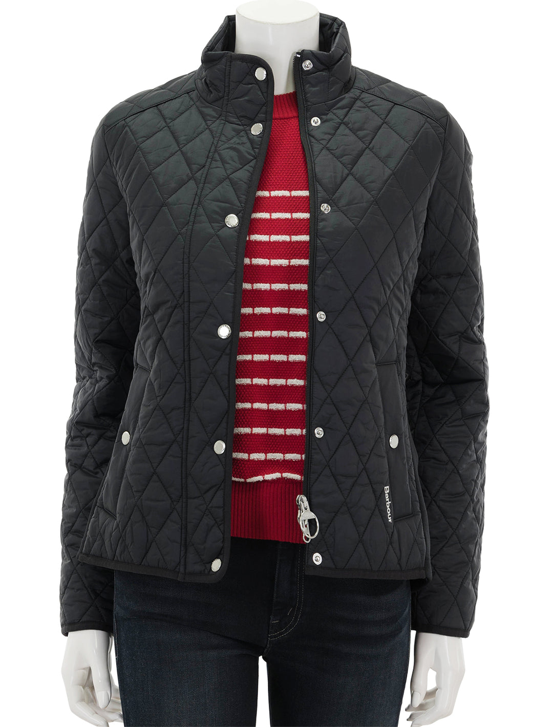 Front view of Barbour's yarrow quilted jacket in black, unzipped.