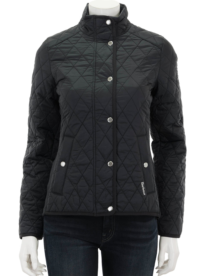 Front view of Barbour's Yarrow Quilted Jacket in Black, zipped and buttoned.