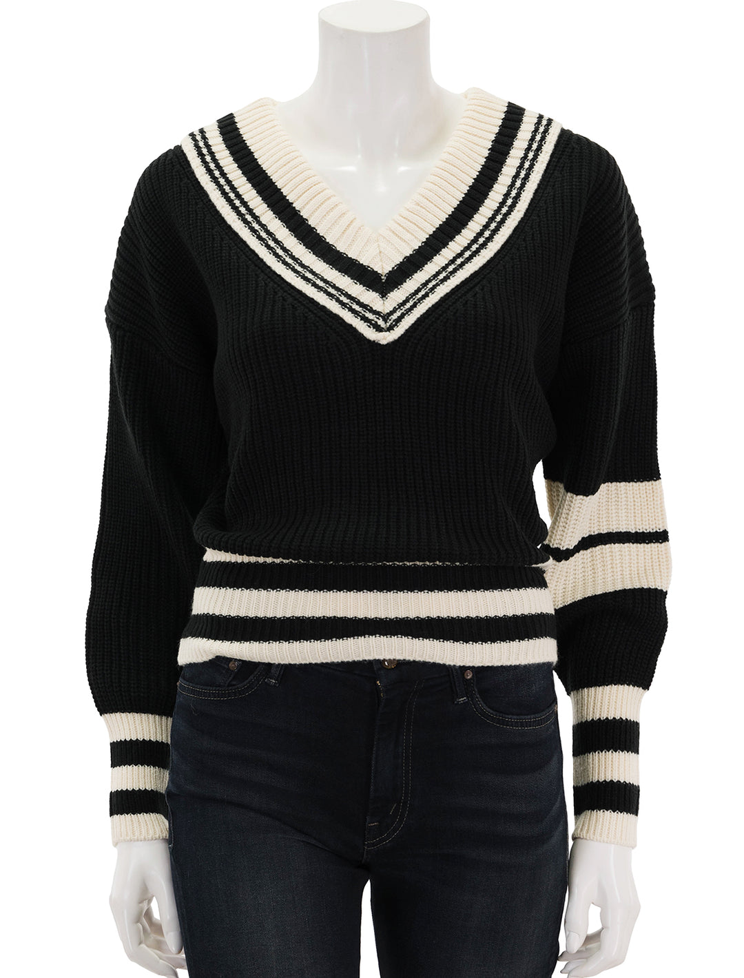 Front view of Steve Madden's jen sweater in black and ivory.