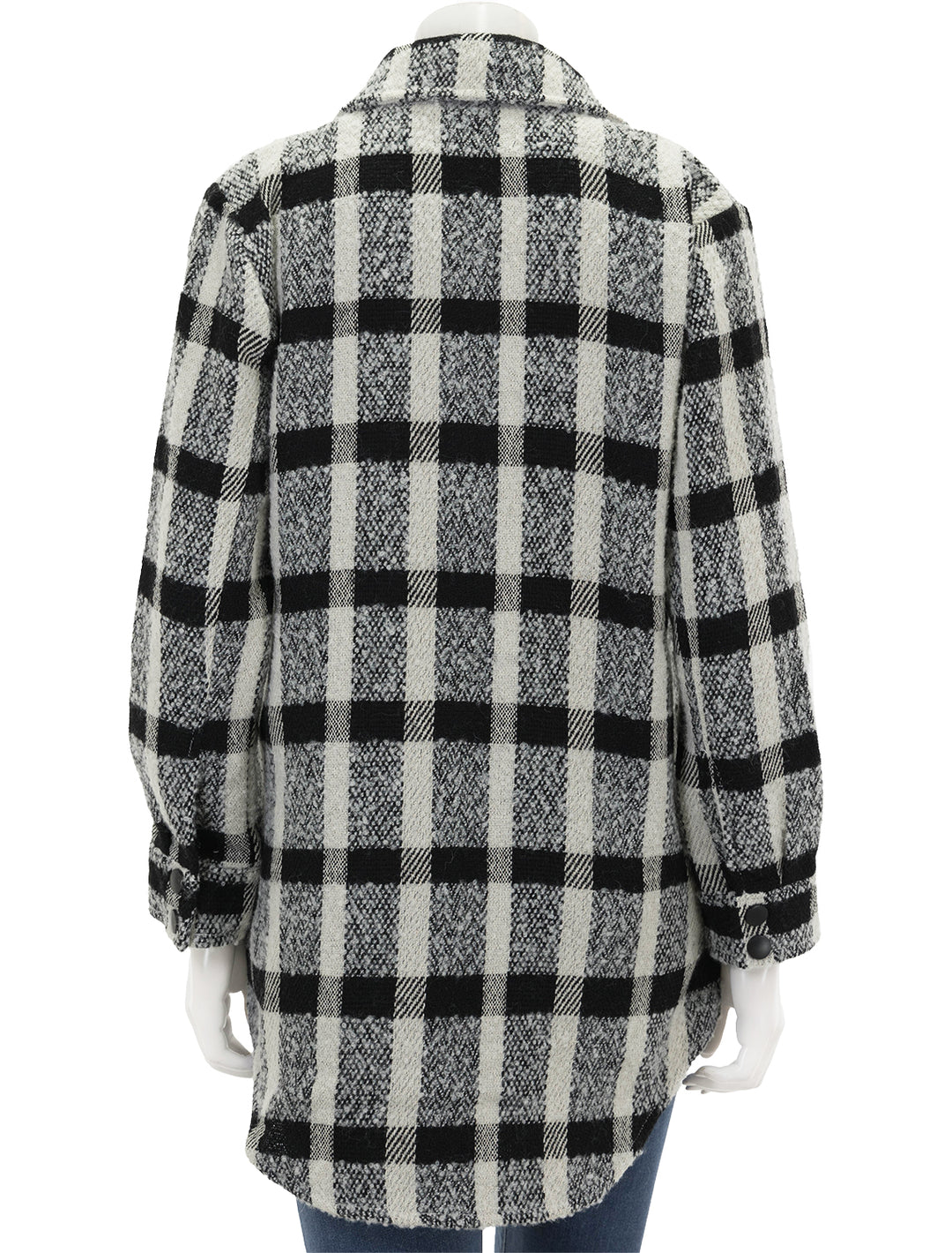 Back view of Steve Madden's eldridge shirt jacket in black and white plaid.
