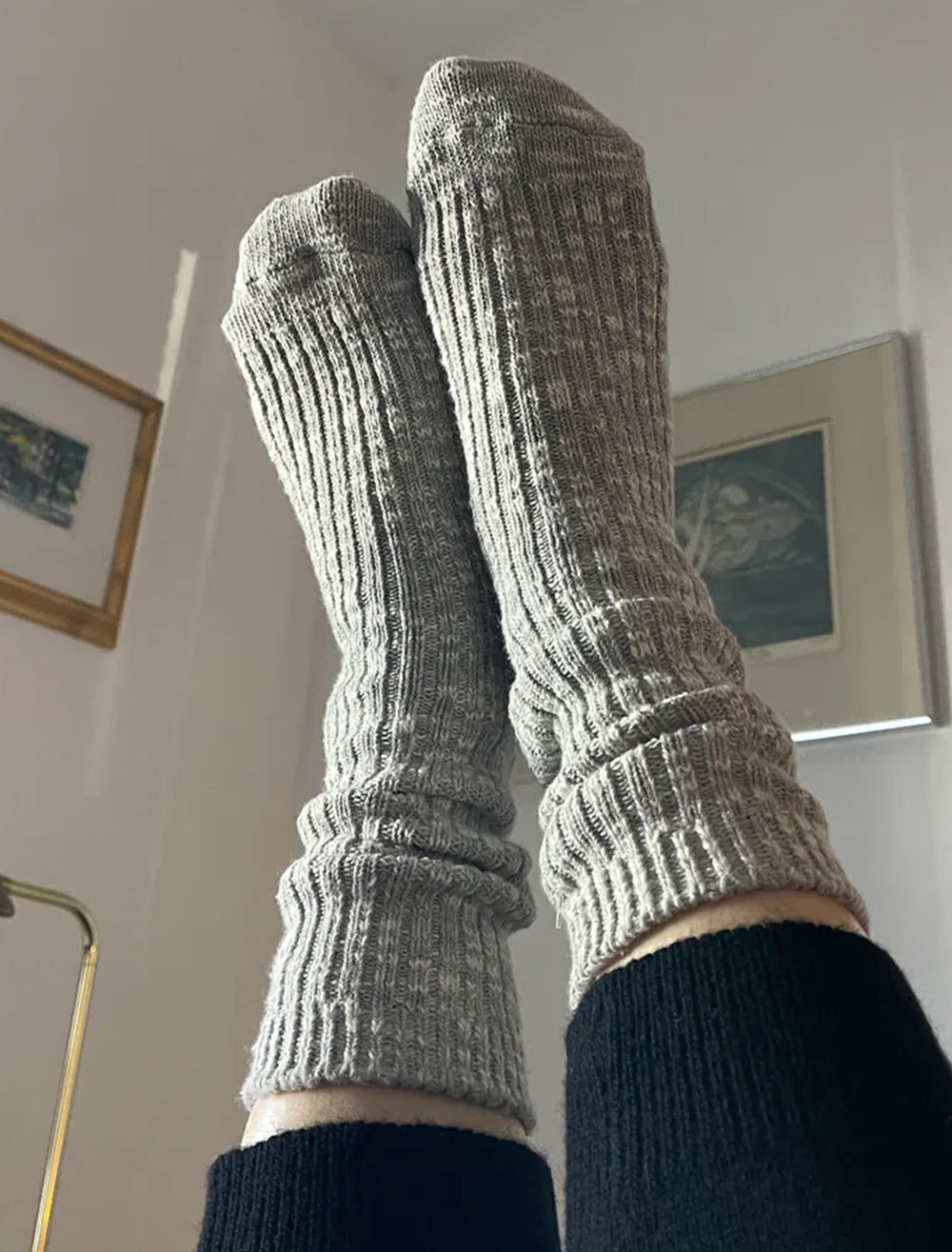 Model wearing Le Bon Shoppe's cottage socks in heather grey.
