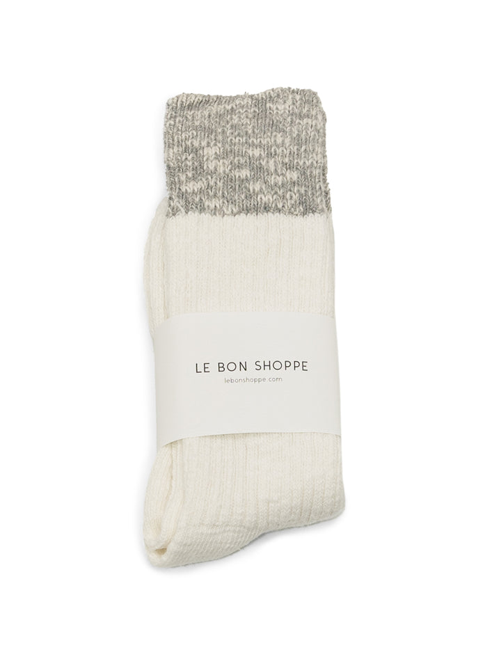 Overhead view of Le Bon Shoppe's colorblock cottage socks in white linen and heather grey.