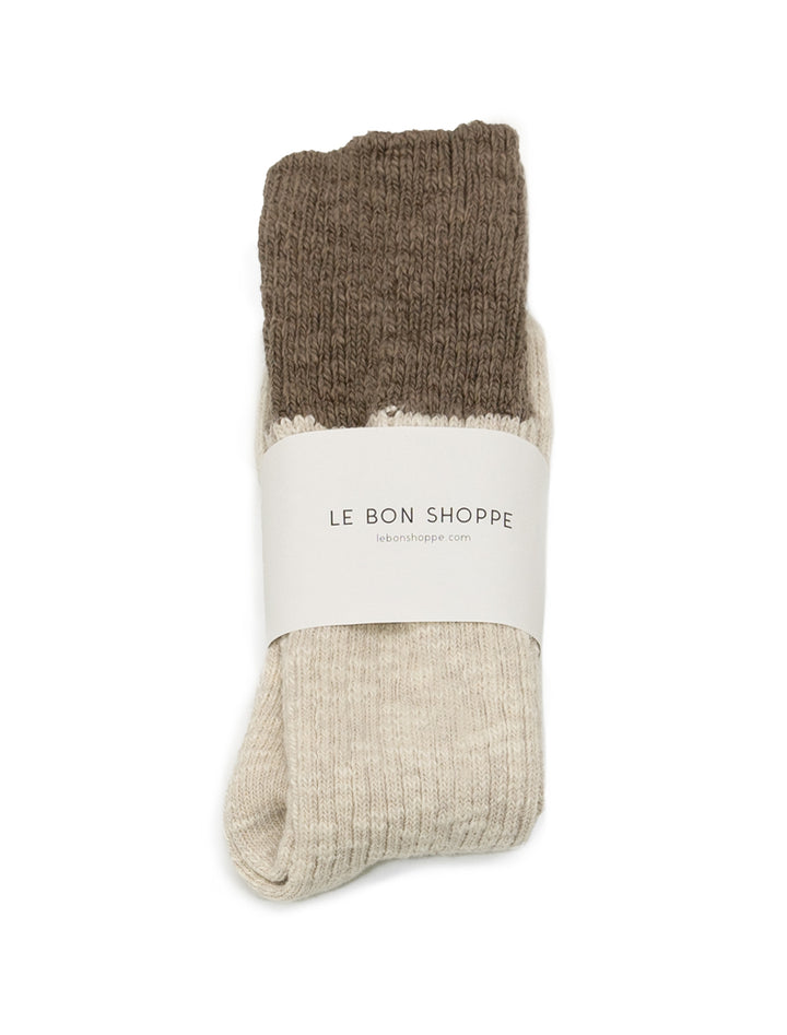 Overhead view of Le Bon Shoppe's colorblock cottage socks in oatmeal and flax.